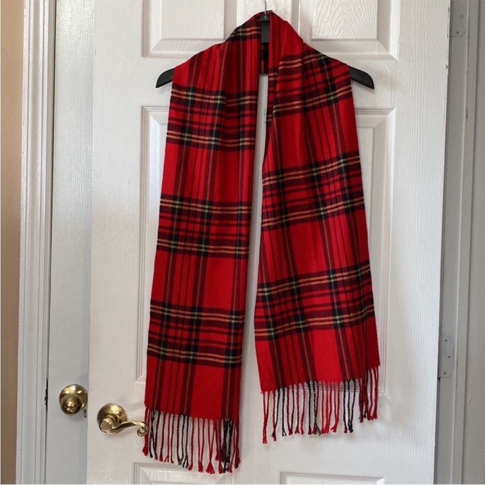 Classic Red Cashmere Plaid Print Scarf Fringe